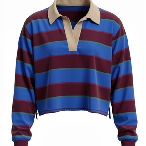 Striped Blue and Burgundy Cropped Long Sleeve Rugby Prep Polo Women's Top